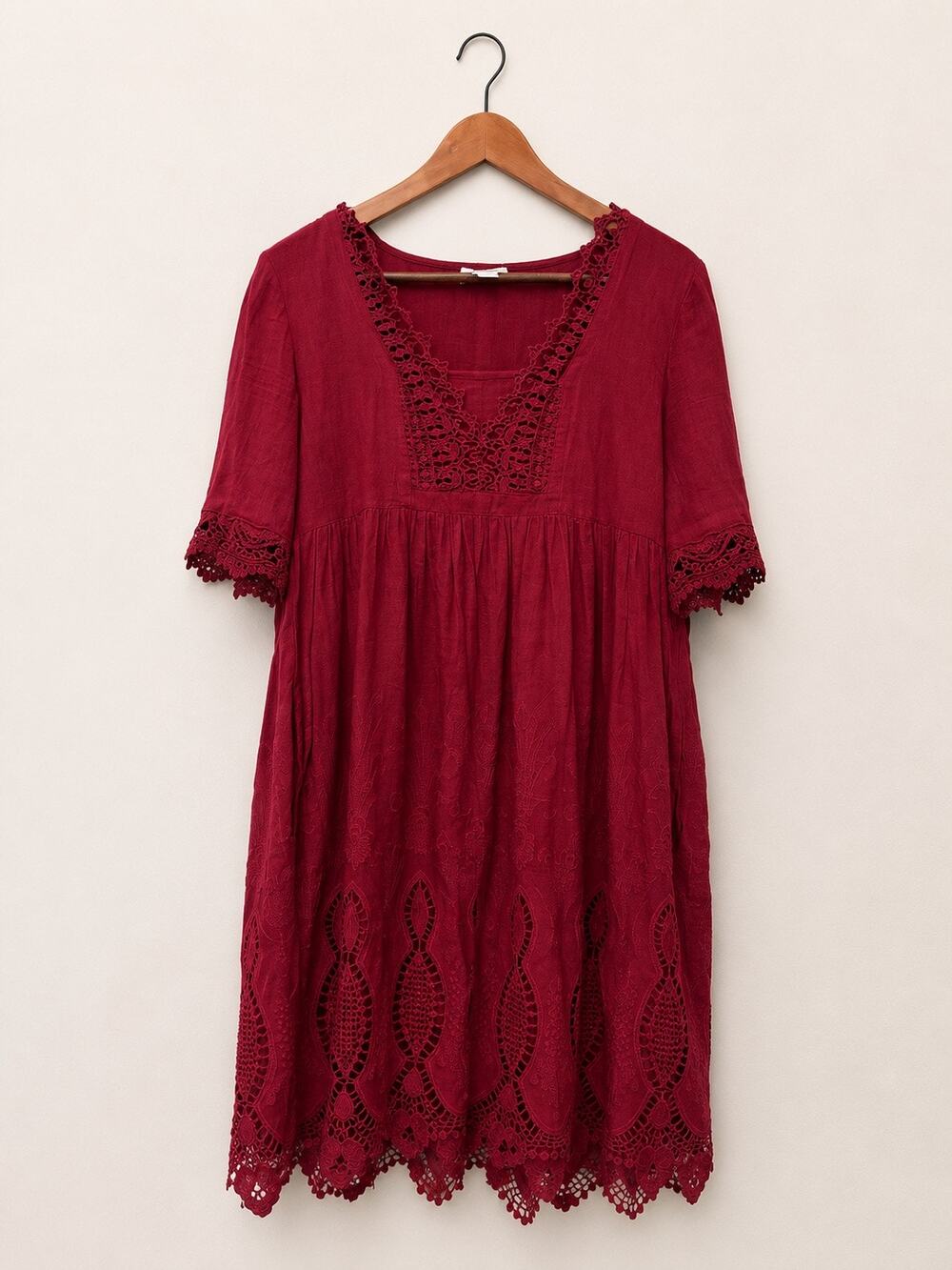 Sundance Red Embroidered Boho Dress Crochet Lace 3/4 Sleeve S Hippie Prairie